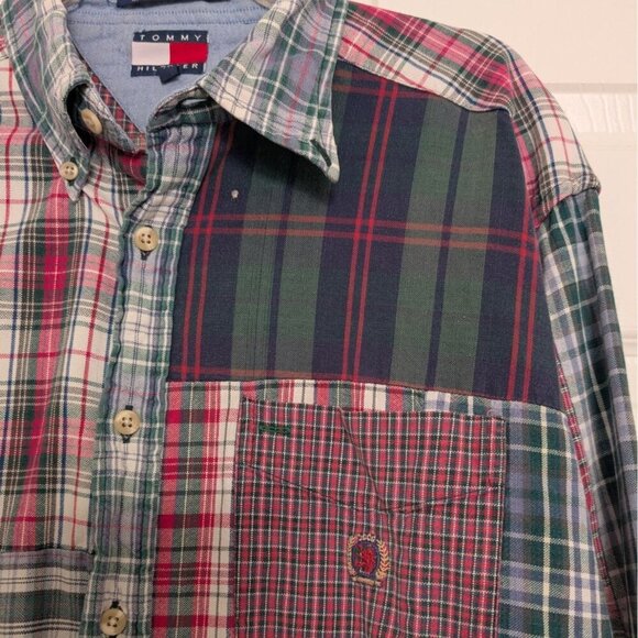 Tommy Hilfiger Patchwork Plaid Shirt Mens Size Medium Red Preppy Long Sleeve 90s - Picture 3 of 10